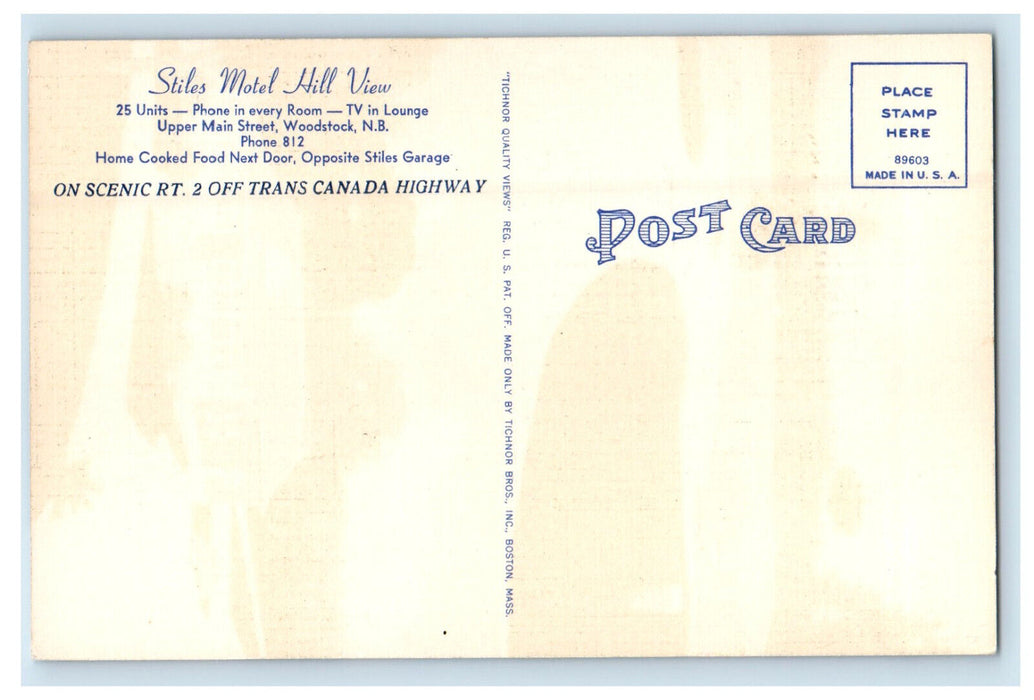 c1940s Stiles Motel Hill View Woodstock New Brunswick Canada Postcard