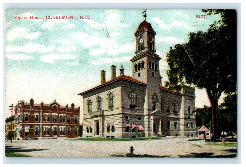 1910 Opera House Tower Clock Claremont New Hampshire NH Antique Postcard