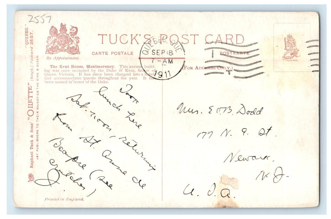 1911 The Kent House Montmorency Near Quebec Canada Posted Oilette Tuck Postcard