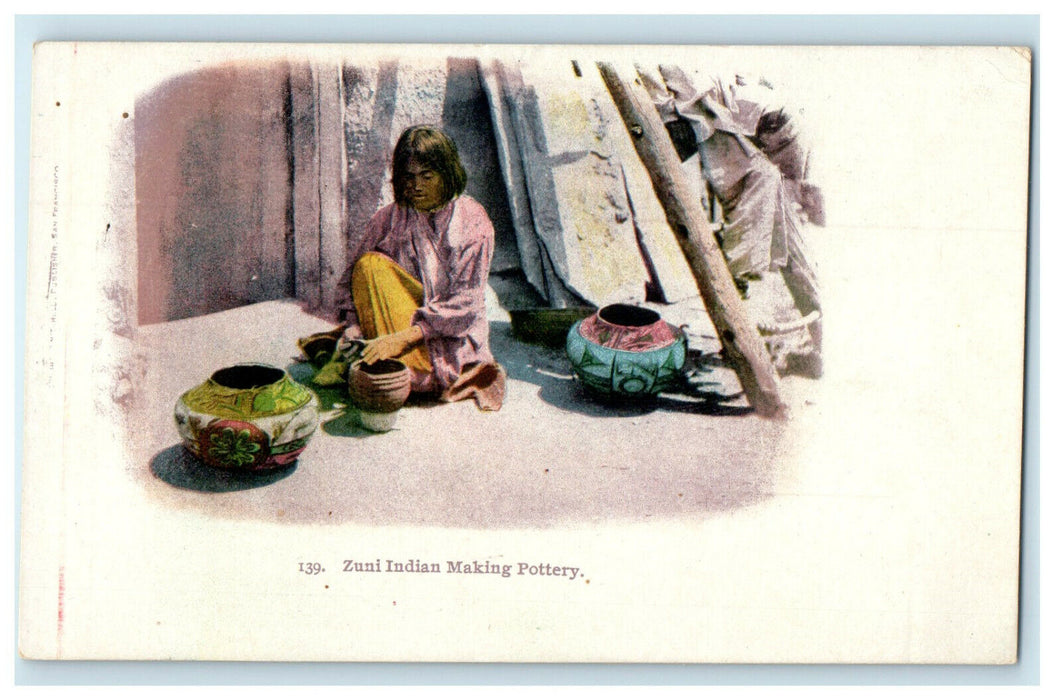 c1900s Zuni Indian Making Pottery, Coloful Pot, PMC Unposted Postcard