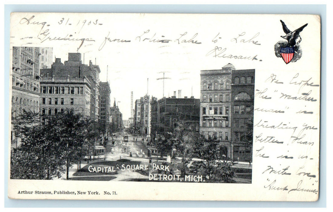 1903 Capital Square Park Detroit Michigan MI PMC Arthur Strauss Antique Postcard