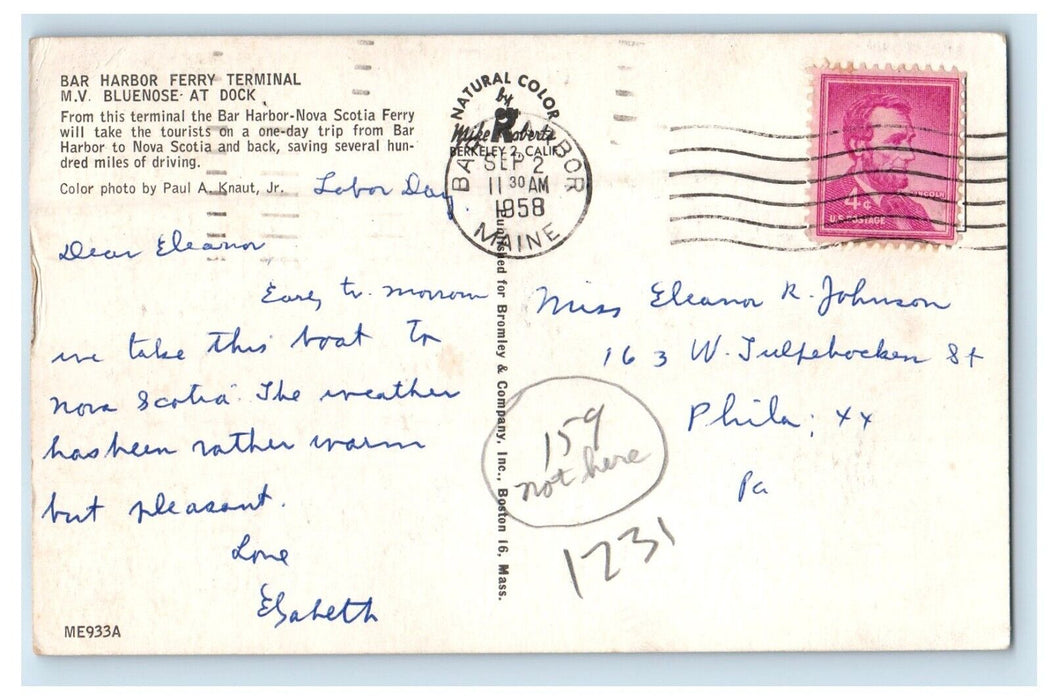 1958 View Of Bar Harbor Ferry Terminal M.V. Bluenose At Dock Maine ME Postcard