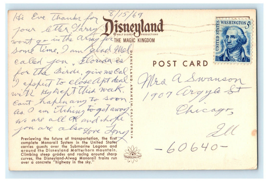 1969 Disneyland-Alweg Monorail Trains, Future of Transportation Postcard