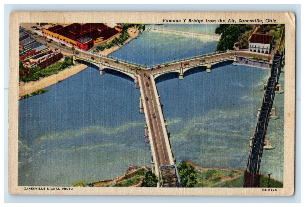 1947 Aerial View Of Famous Y Bridge From The Air Zanesville Ohio OH Postcard