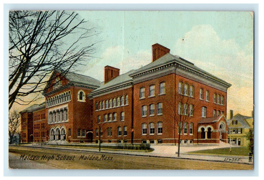 1913 Malden High School Street View Malden Massachusetts MA Antique Postcard