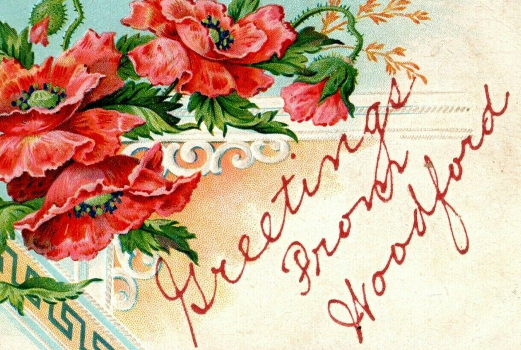 1908 Greetings From Woodford Wisconsin WI Flowers Posted Antique Postcard