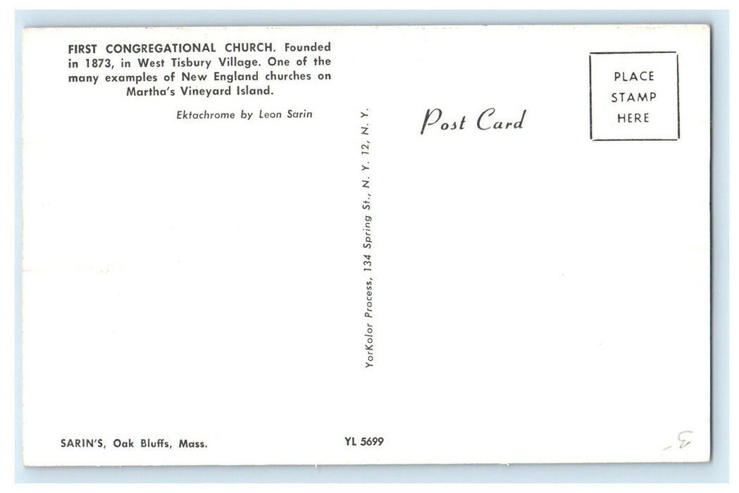 1950 First Congregational Church, Martha's Vineyard, Massachusetts MA Postcard
