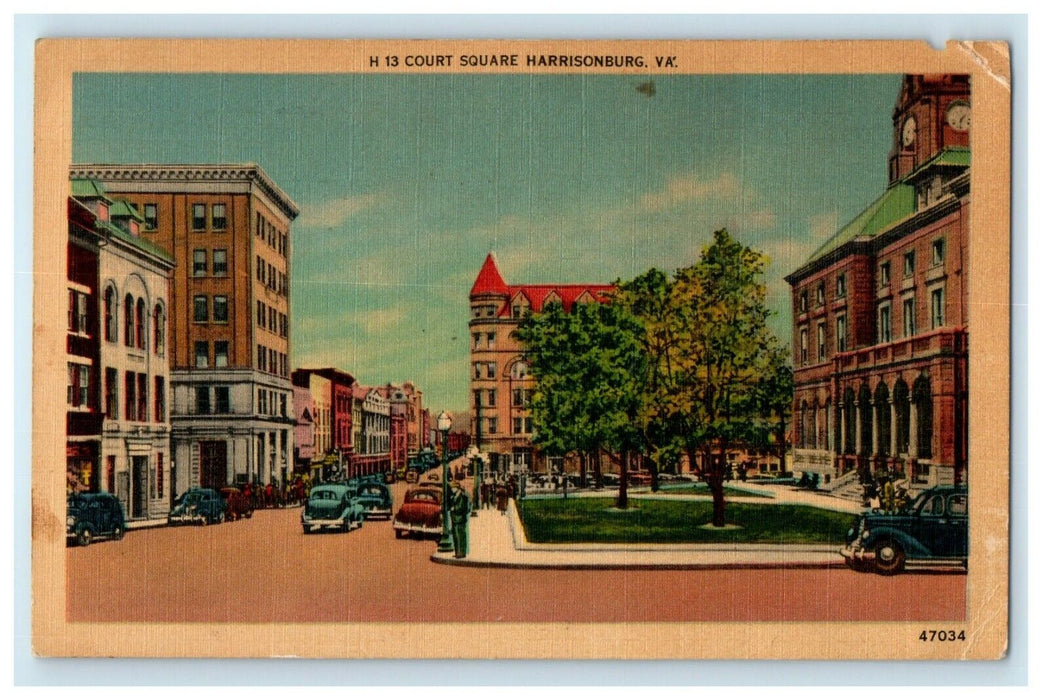 1948 Court Square View Building Cars Harrisburg Virginia VA Vintage Postcard