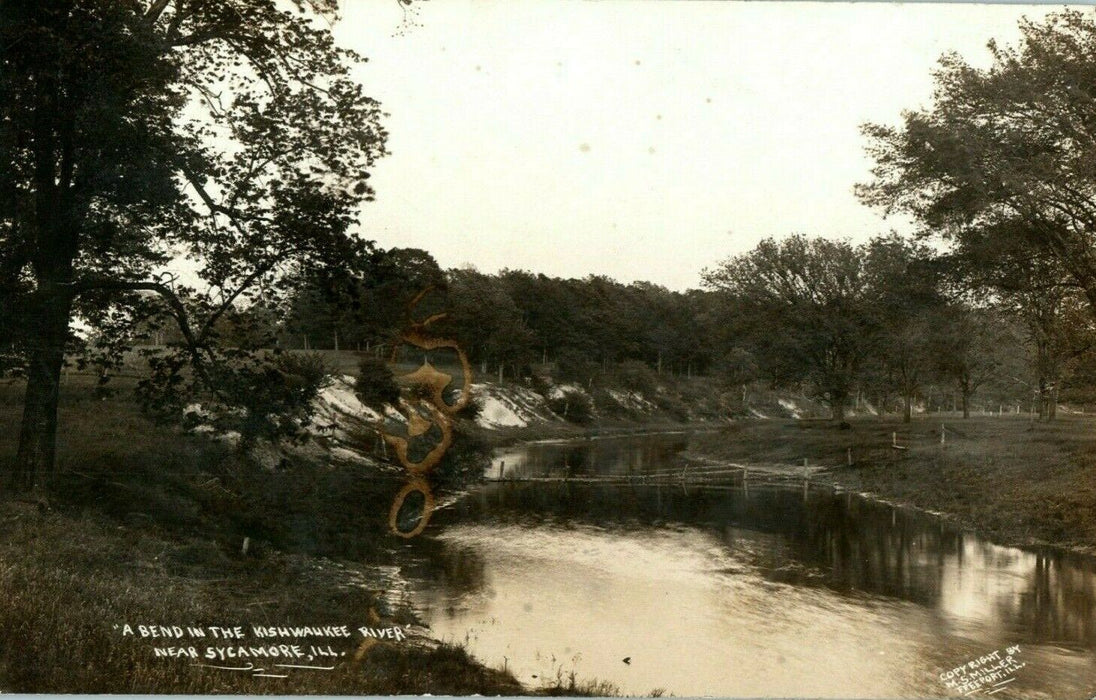 1912 Sycamore Illinois IL Bend in Kishwaukee River RPPC Photo MS Miller Postcard