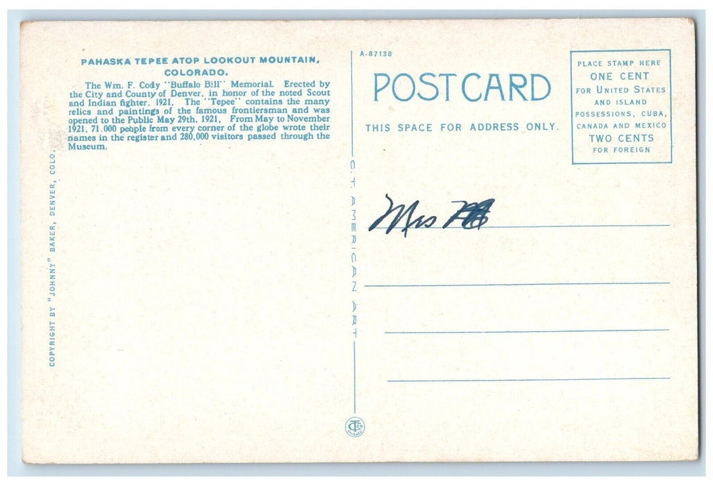c1920 Pahaska Tepee Atop Lookout Mountain Buffalo Bill Denver Colorado Postcard