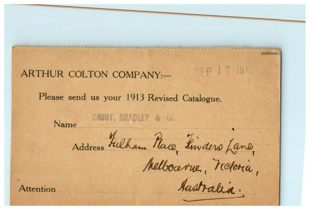 1913 Australia Melbourne Detroit Michigan Company Catalog Advertising Postcard