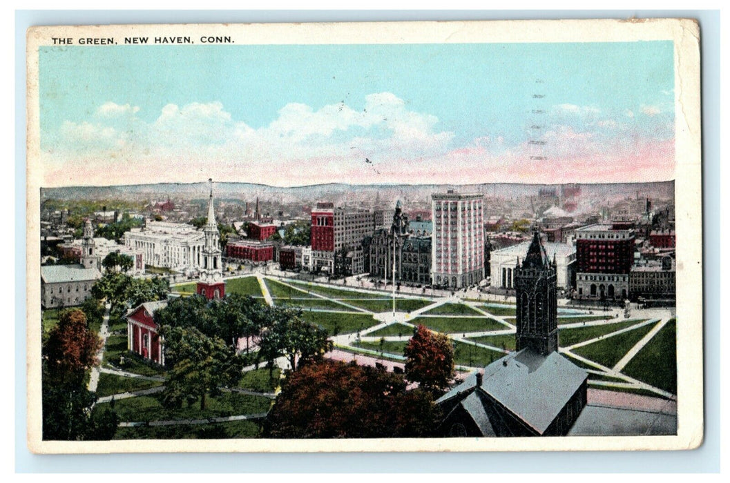 1924 The Green New Haven Connecticut CT 1c Sailboat Stamp Postcard
