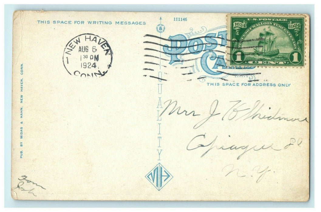 1924 The Green New Haven Connecticut CT 1c Sailboat Stamp Postcard