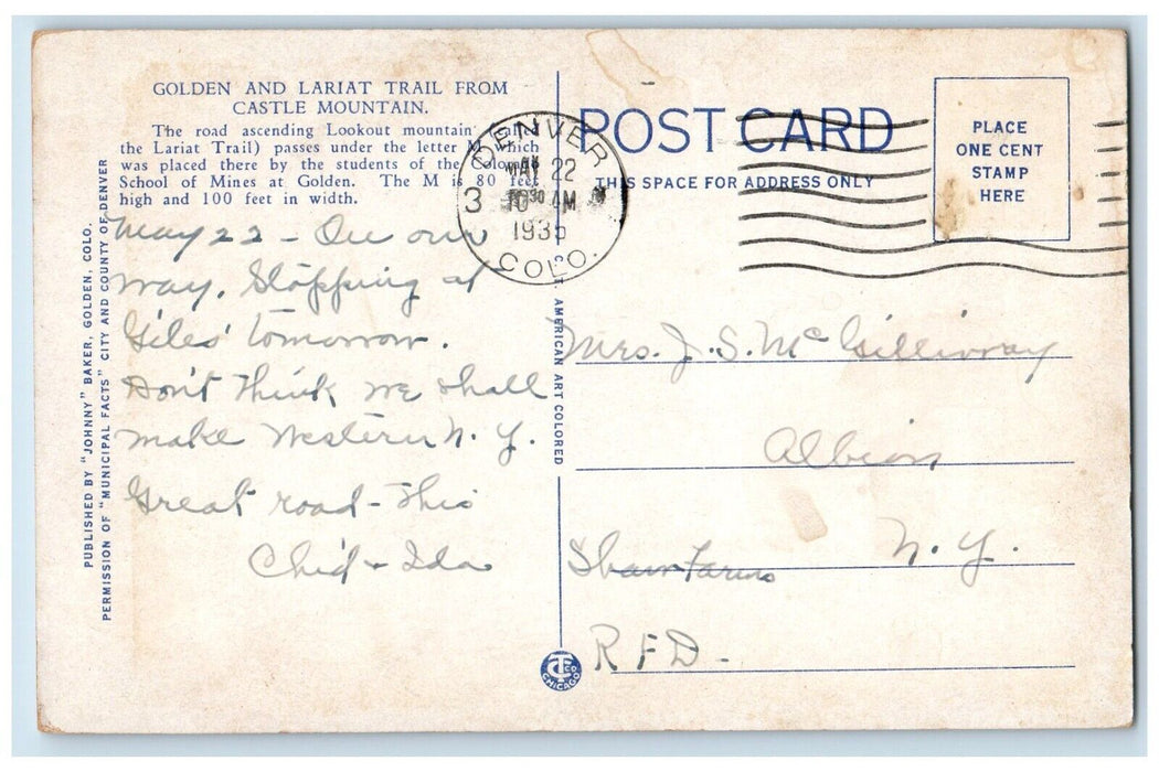 c1935 Golden Lariat Trail Lookout Mountain Castle Colorado CO Postcard