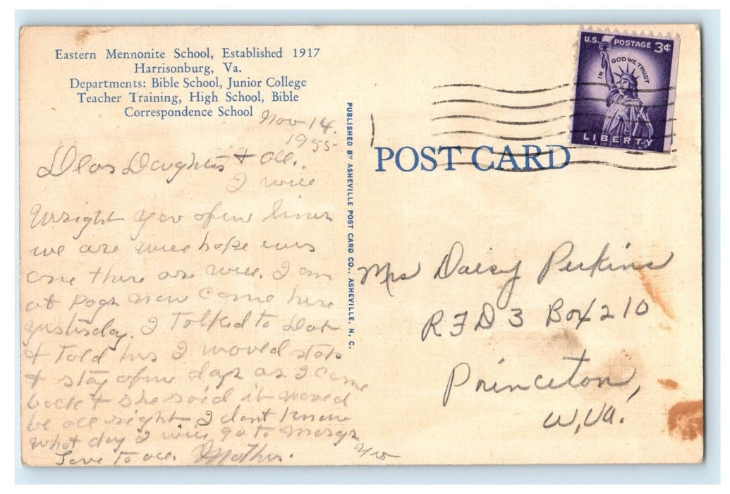 1955 Chapel Auditorium Eastern Mennonite School Harrisonburg VA Postcard