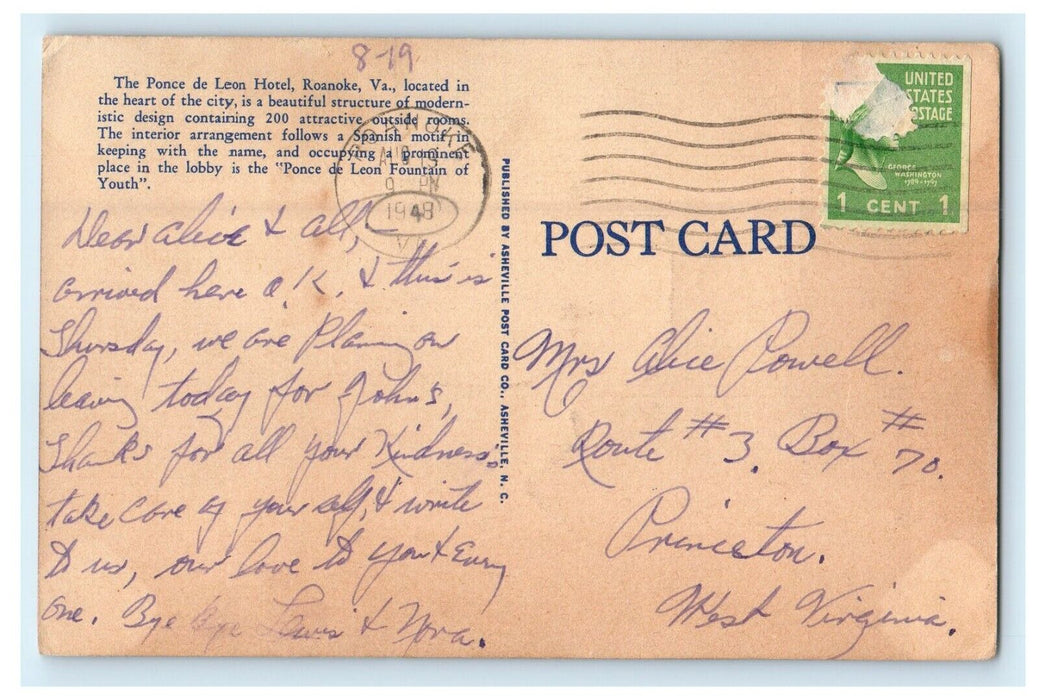 1942 Ponce De Leon Hotel Building Roanoke Virginia VA Posted Vintage Postcard