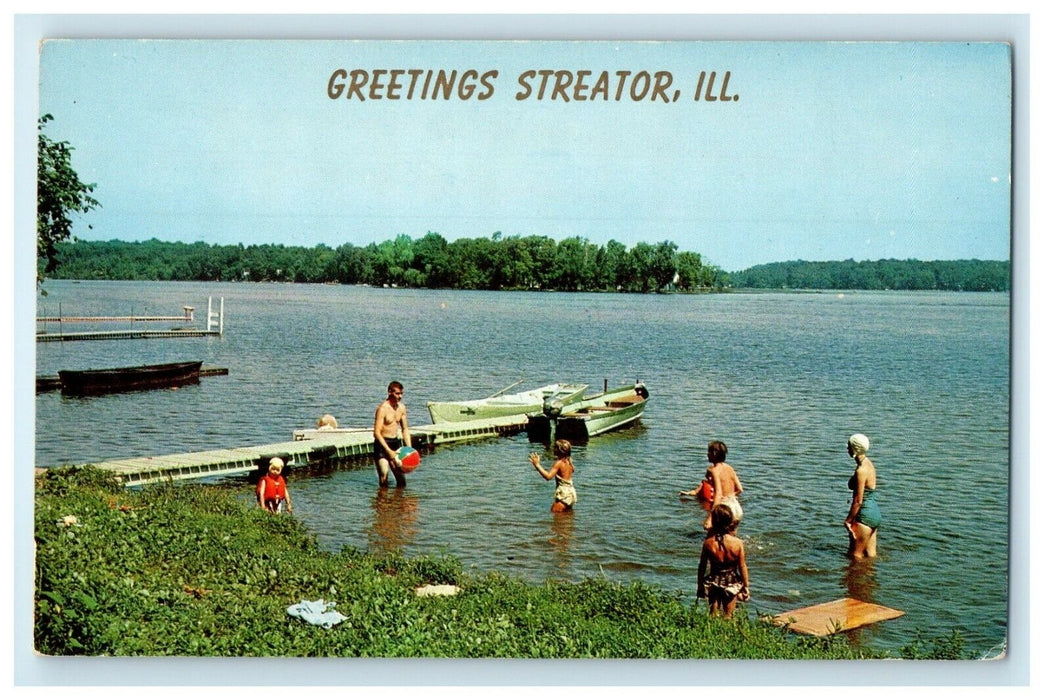 Greetings Streator Illinois IL, Family Vacationland Scene Swimming Postcard