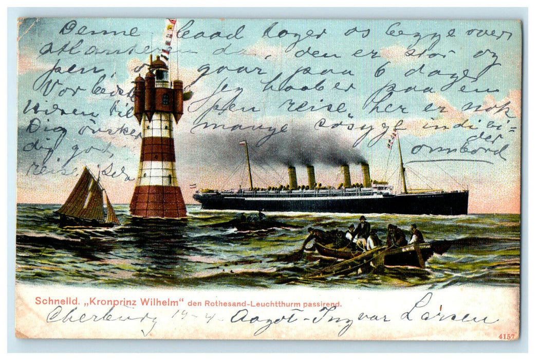 c1905s Lighthouse, Sailboat, Steamship Scnelld Kronprinz Wilhelm PMC Postcard