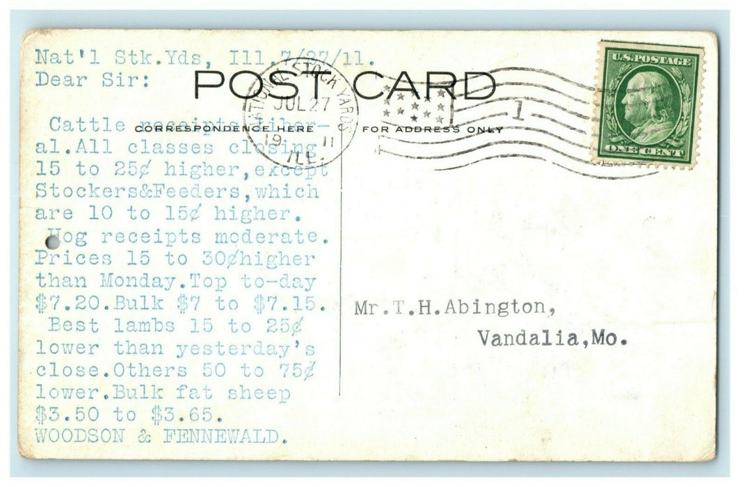 1911 National Stock Yards Illinois IL Vandalia Calendar MO Advertising Postcard