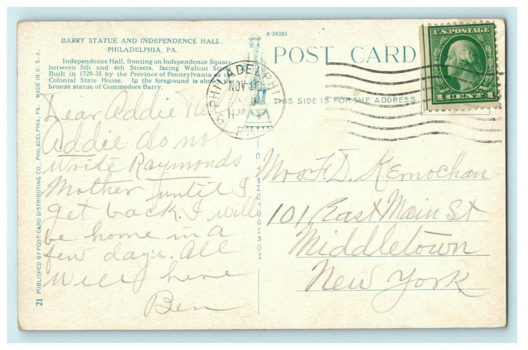 Barry Statue Independence Hall Philadelphia PA Pennsylvania Old Vintage Postcard