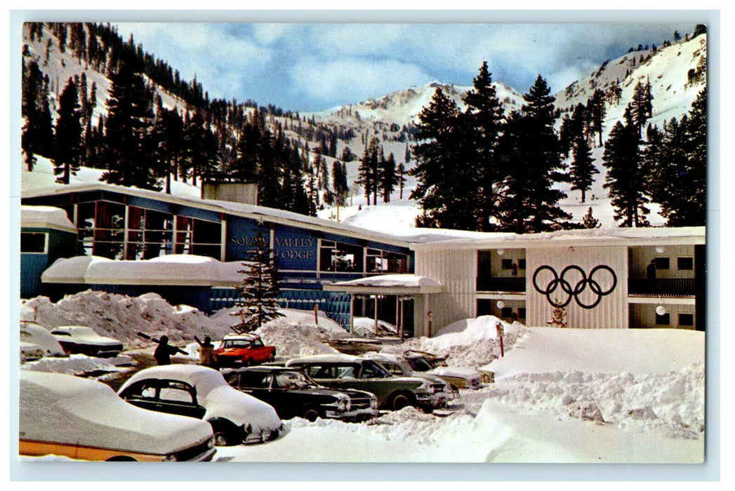 c1960s Squaw Valley Lodge Skiing Facilities, Olympic Logo California CA Postcard