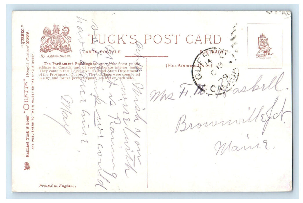 1909 View of Parliament Building, Quebec Canada Oilette Tuck Posted Postcard