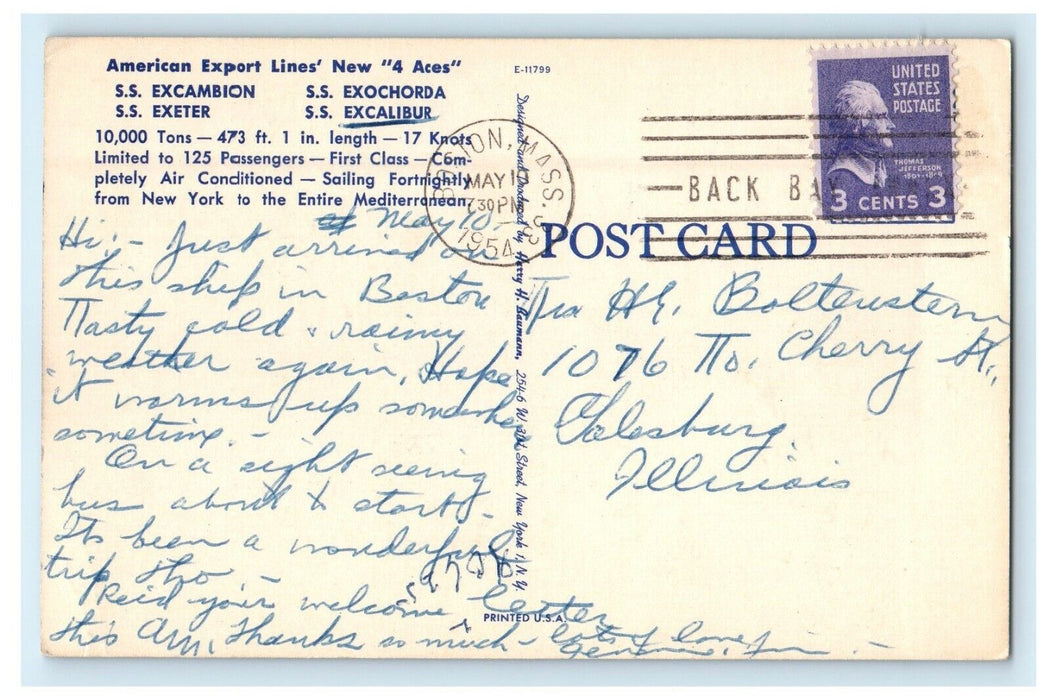American Export Lines 4 Aces S.S Excambion Exochorda Exeter Excalibur Postcard