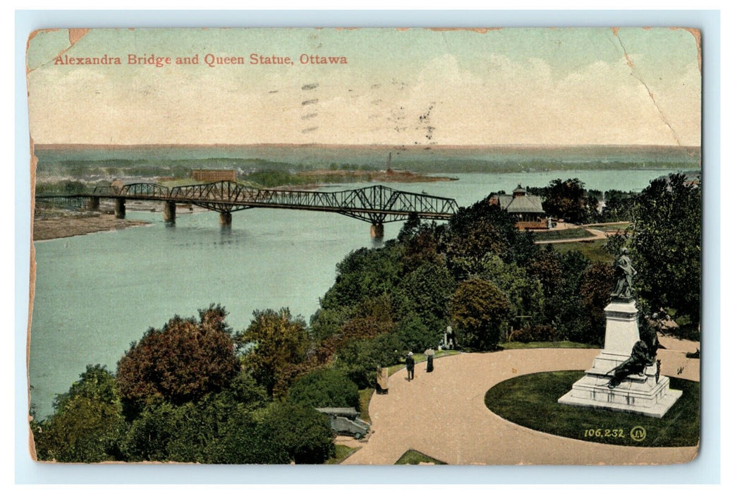 Alexandra Bridge and Queen Statue Ottawa Canada 1911 Old Vintage Postcard