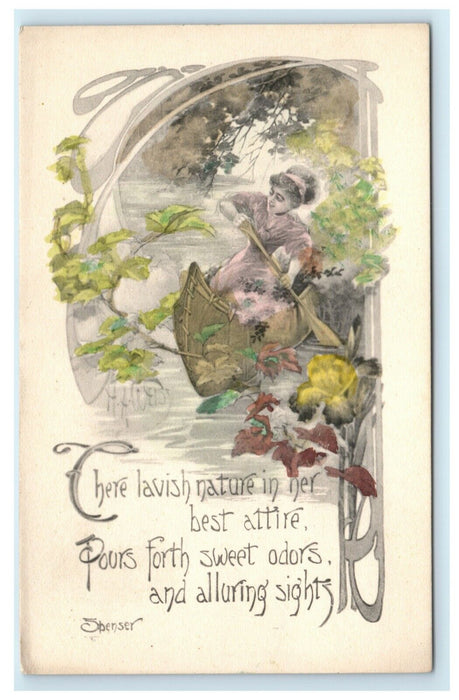 c1910 Woman in Canoe Art Nouveau Spenser H.A. Weiss Handpainted G&B Postcard