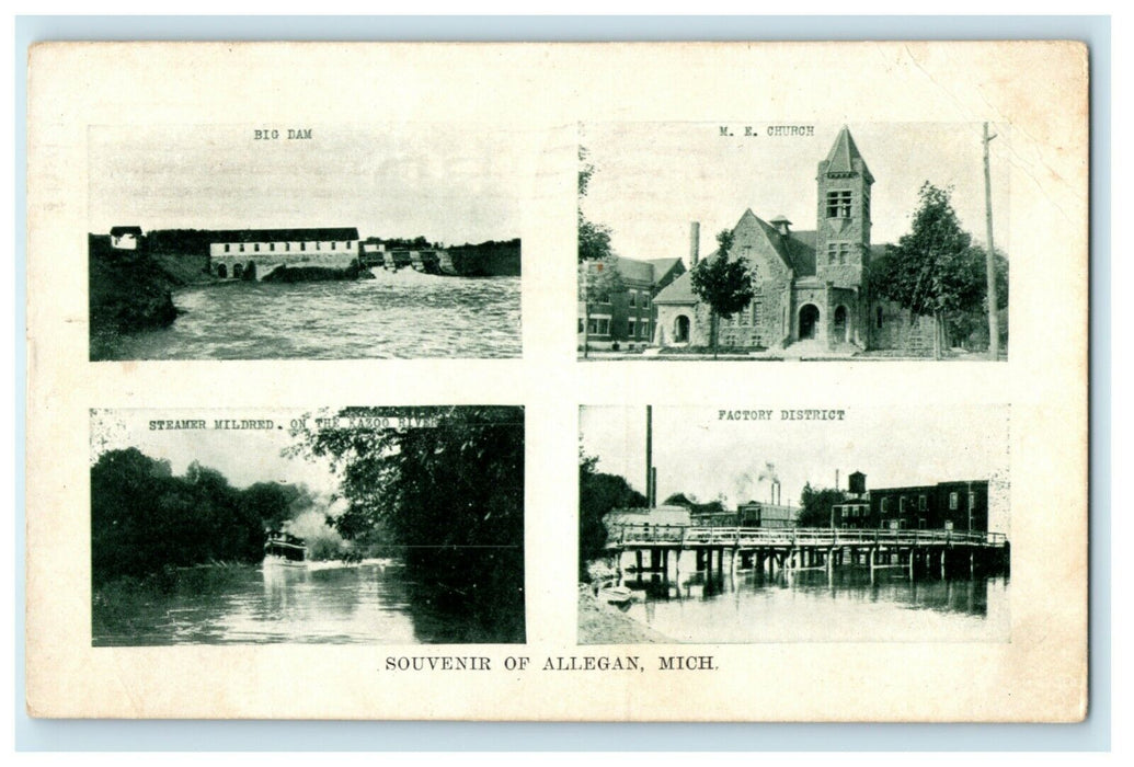 1909 Souvenir of Allegan Michigan MI Multiview Dam Church Steamship Postcard
