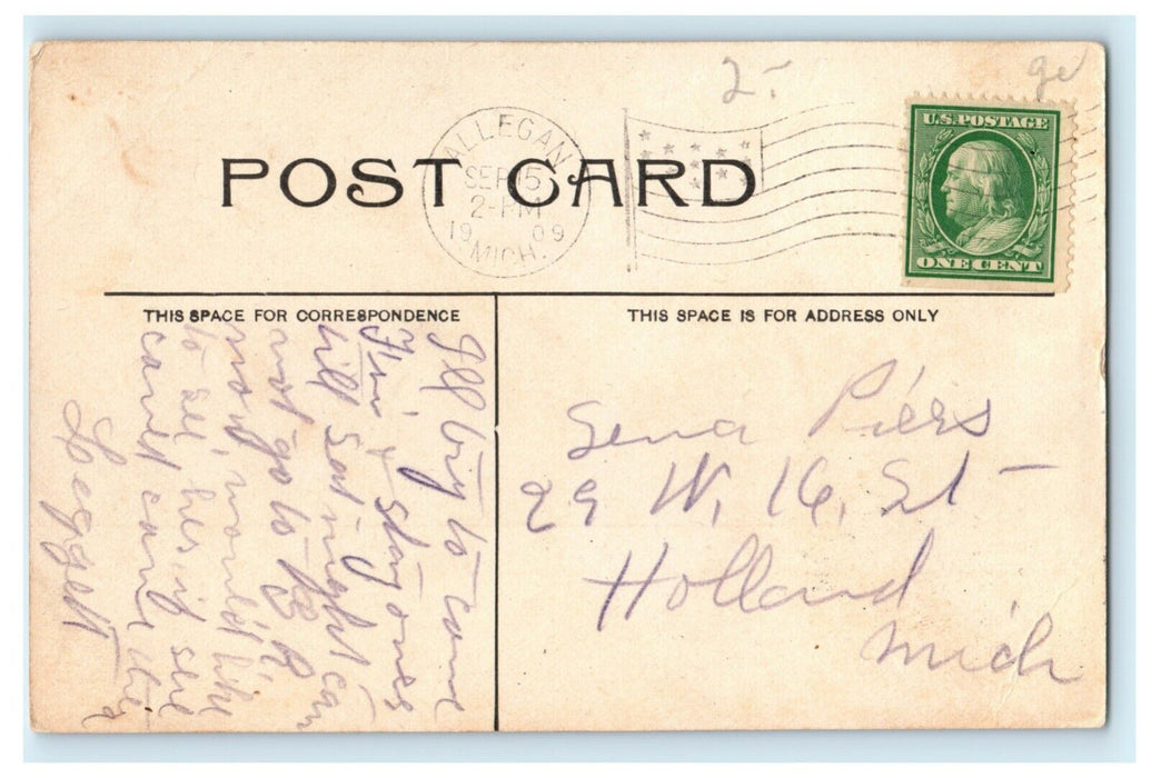1909 Souvenir of Allegan Michigan MI Multiview Dam Church Steamship Postcard