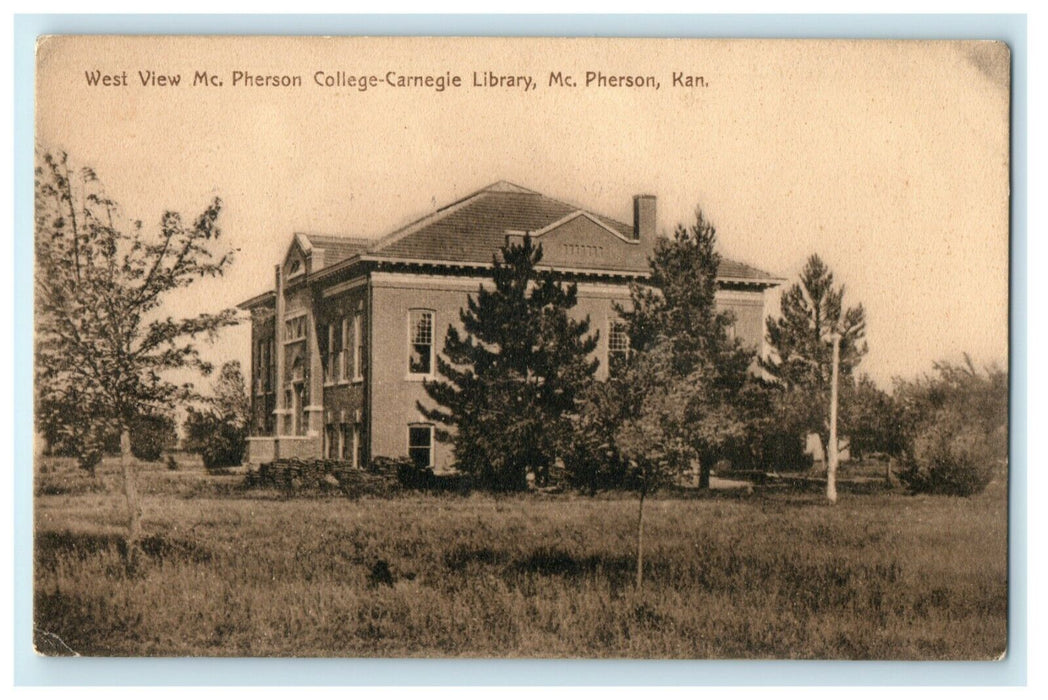 1910 McPherson College Carnegie Library Kansas KS Posted Antique Postcard