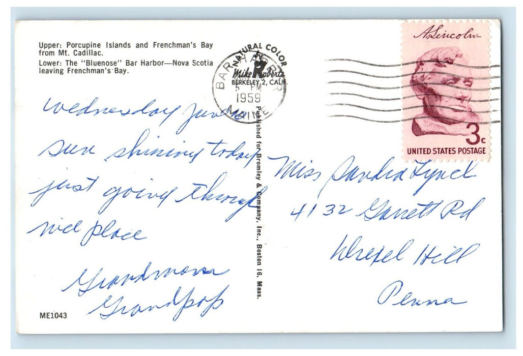 1959 Greetings From Bar Harbor Maine ME, Porcupine Island And Bluenose Postcard