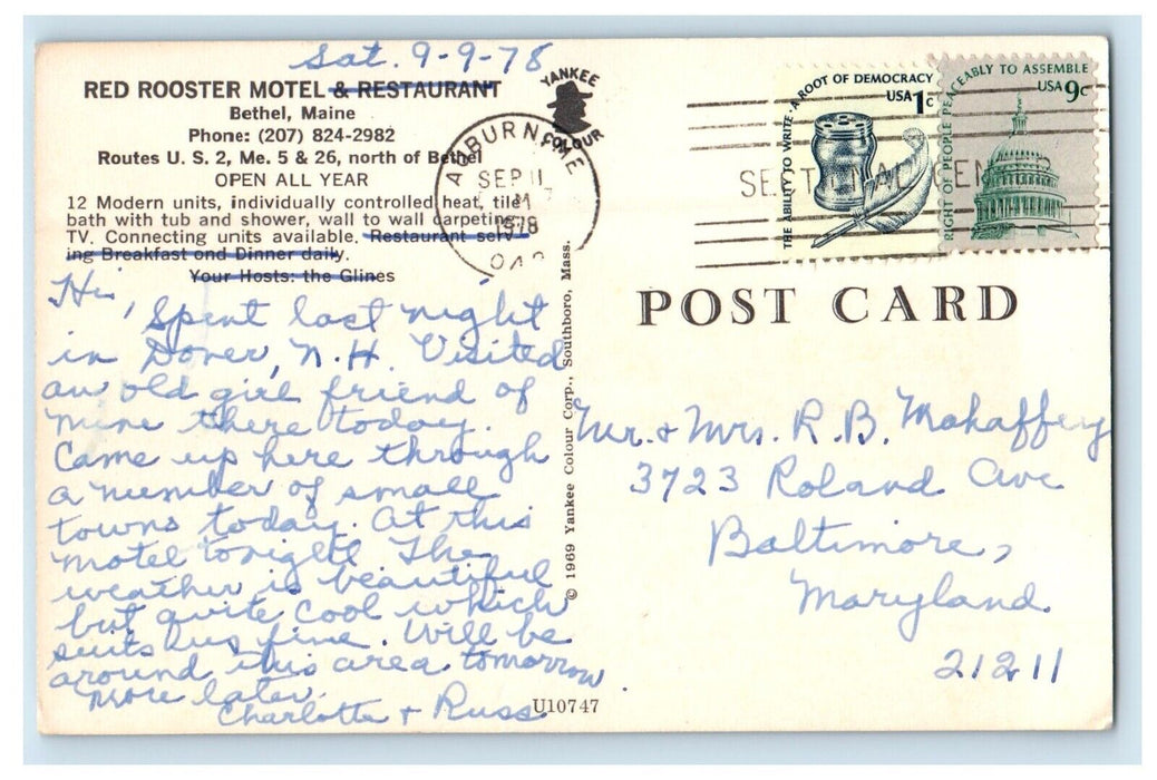 1978 Red Rooster Motel And Restaurant Bethel Maine ME Posted Vintage Postcard