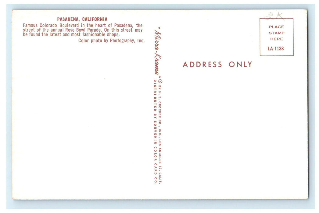 c1950s Colorado Boulevard, Greetings from Pasadena California CA Postcard