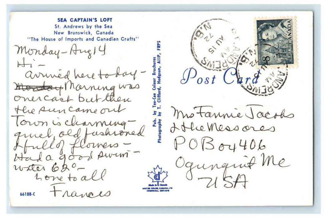 1972 Sea Captain's Loft St. Andrews By The Sea New Brunswick Canada Postcard