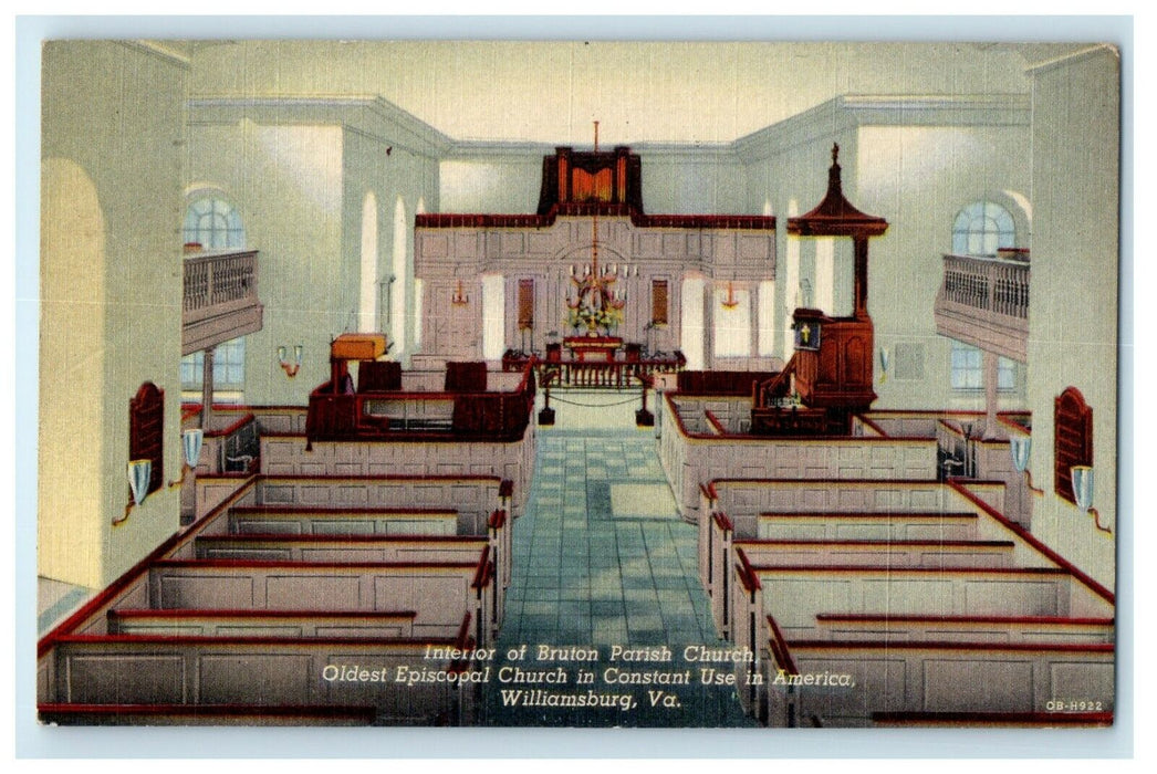 1956 Interior Of Bruton Parish Church Oldest Episcopal Williamsburg PA Postcard