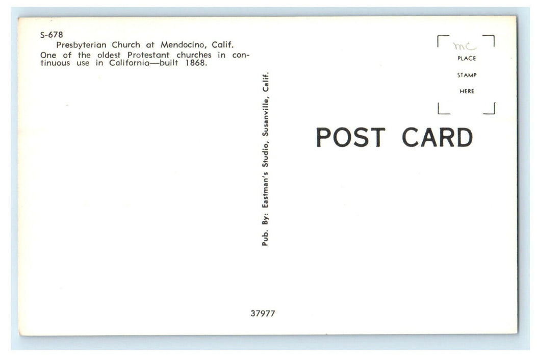 c1960s Presbyterian Church at Mendocino California CA Unposted Postcard