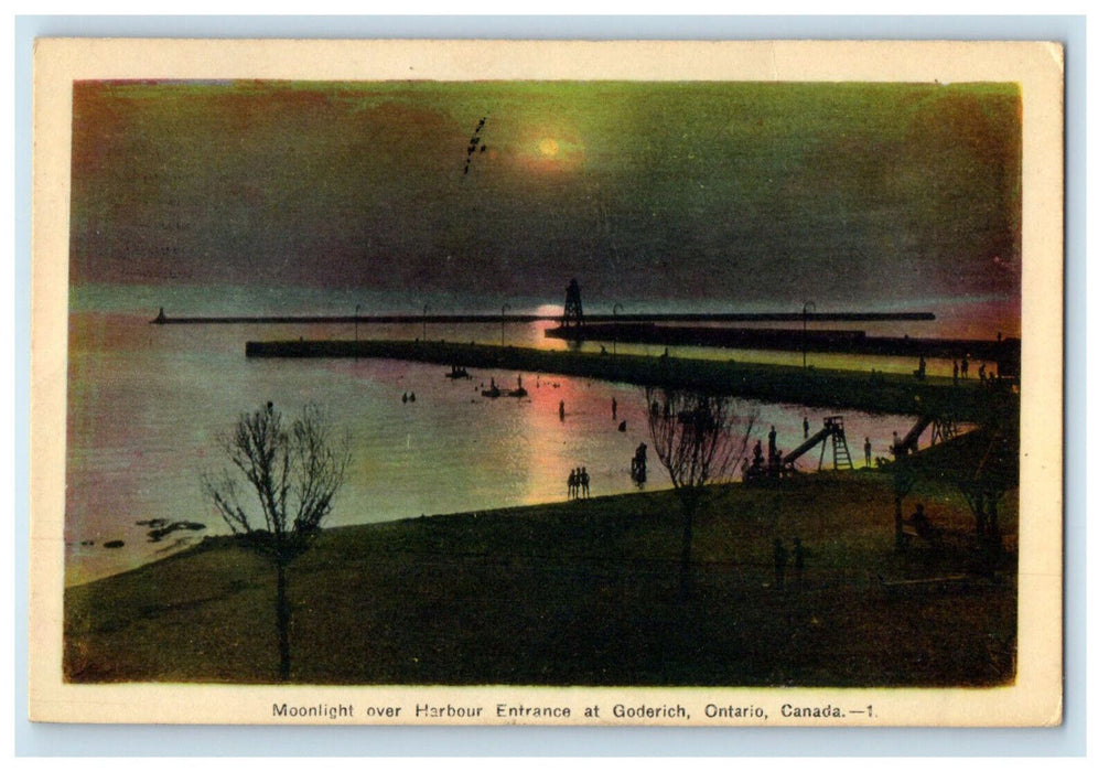 1947 Moonlight Over Harbour Entrance Goderich Ontario Canada Posted Postcard