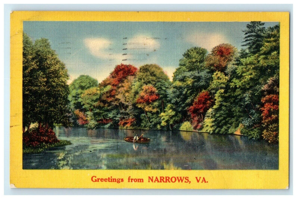 1944 Greetings From Narrows Virginia VA, River Canoeing Postcard