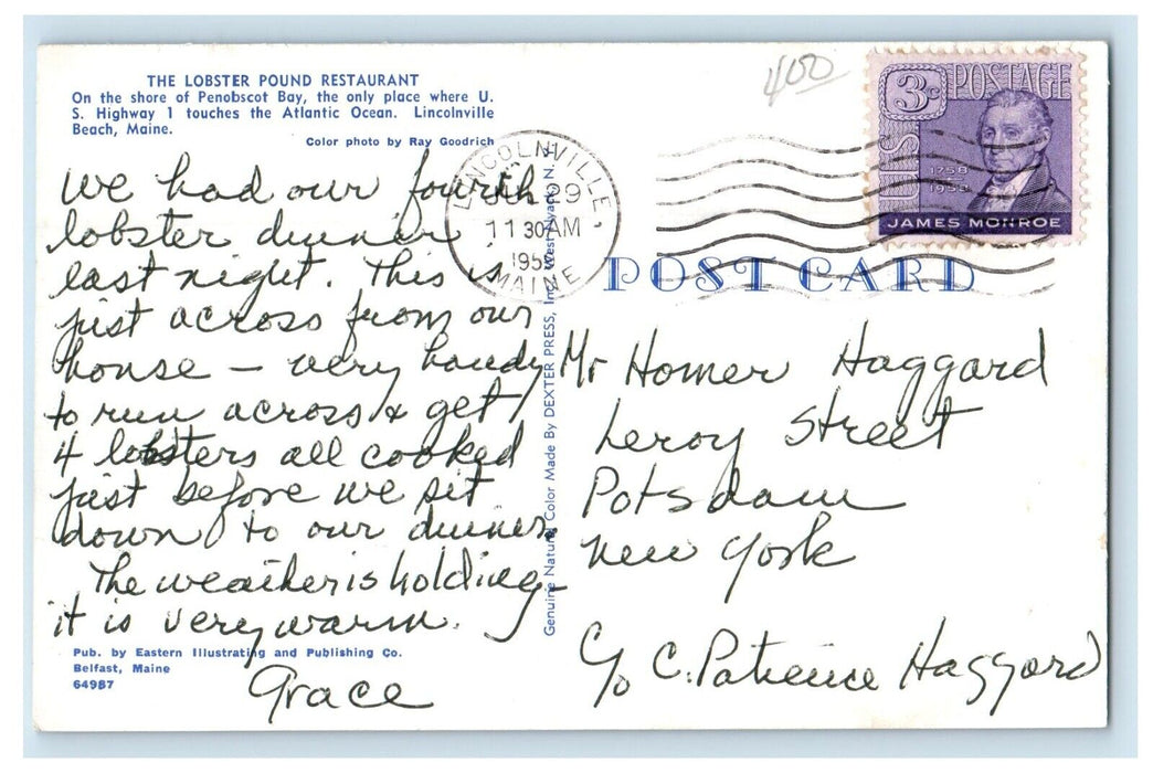 1959 The Lobster Pound Restaurant Penobscot Bay Lincolnville Beach ME Postcard