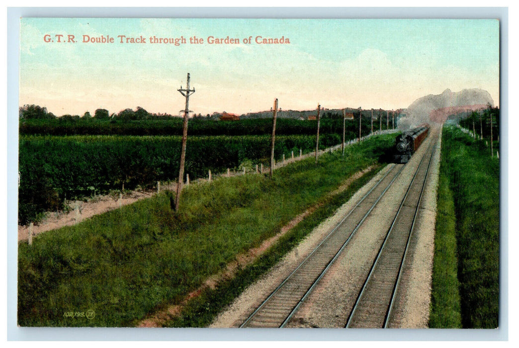 c1910 GTR Double Track Through the Garden of Canada, Train Locomotive Postcard