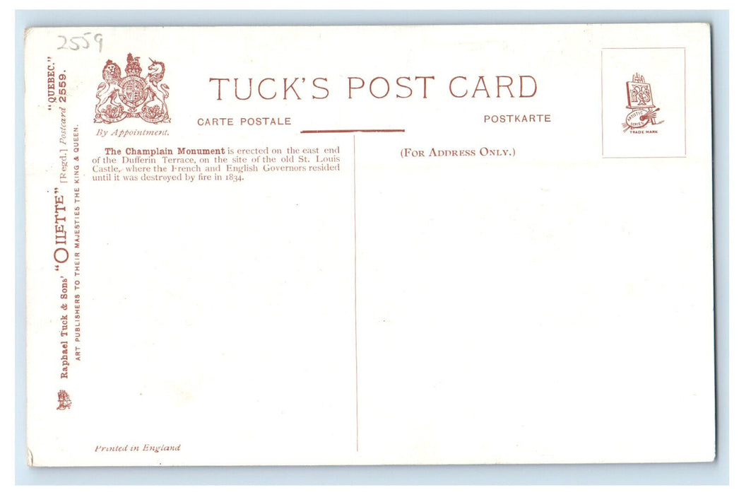 c1910 The Champlain Monument, Quebec Canada Oilette Tuck Unposted Postcard