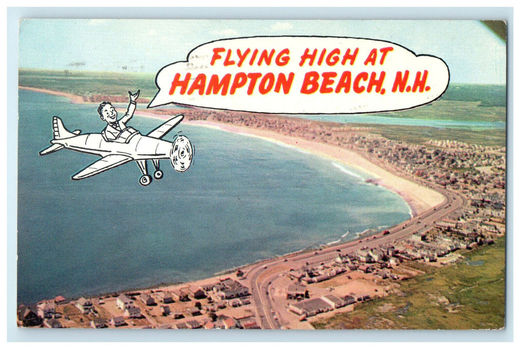 1960 Sketched Plane and Sky, Fly High at Hampton Beach New Hampshire NH Postcard