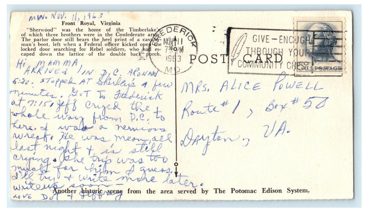 1963 Sherwood Front Royal Virginia VA Posted Vintage Cancel Postcard