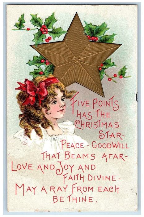 1910 Christmas Woman Star Holly Berries Embossed HBG Posted Antique Postcard
