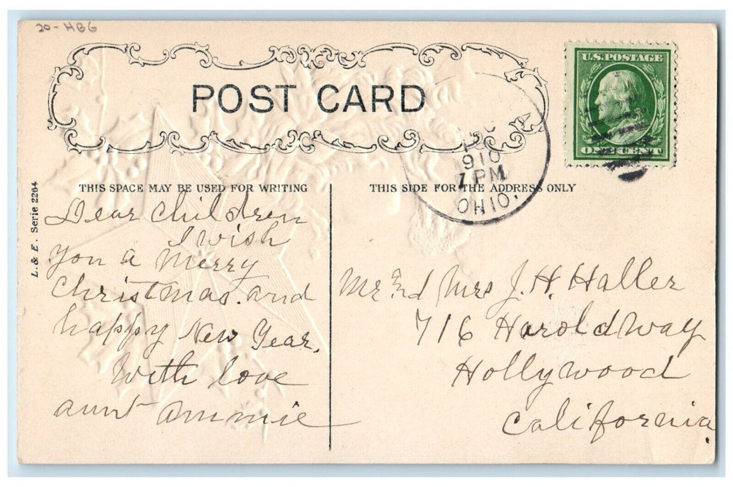 1910 Christmas Woman Star Holly Berries Embossed HBG Posted Antique Postcard