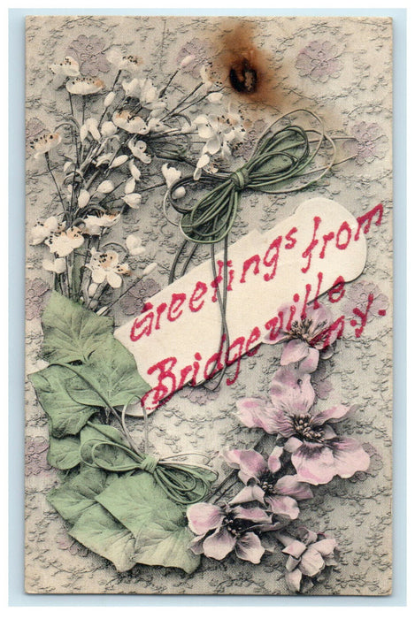 c1910s Greetings from Bridgeville New York NY Lace and Floral Postcard