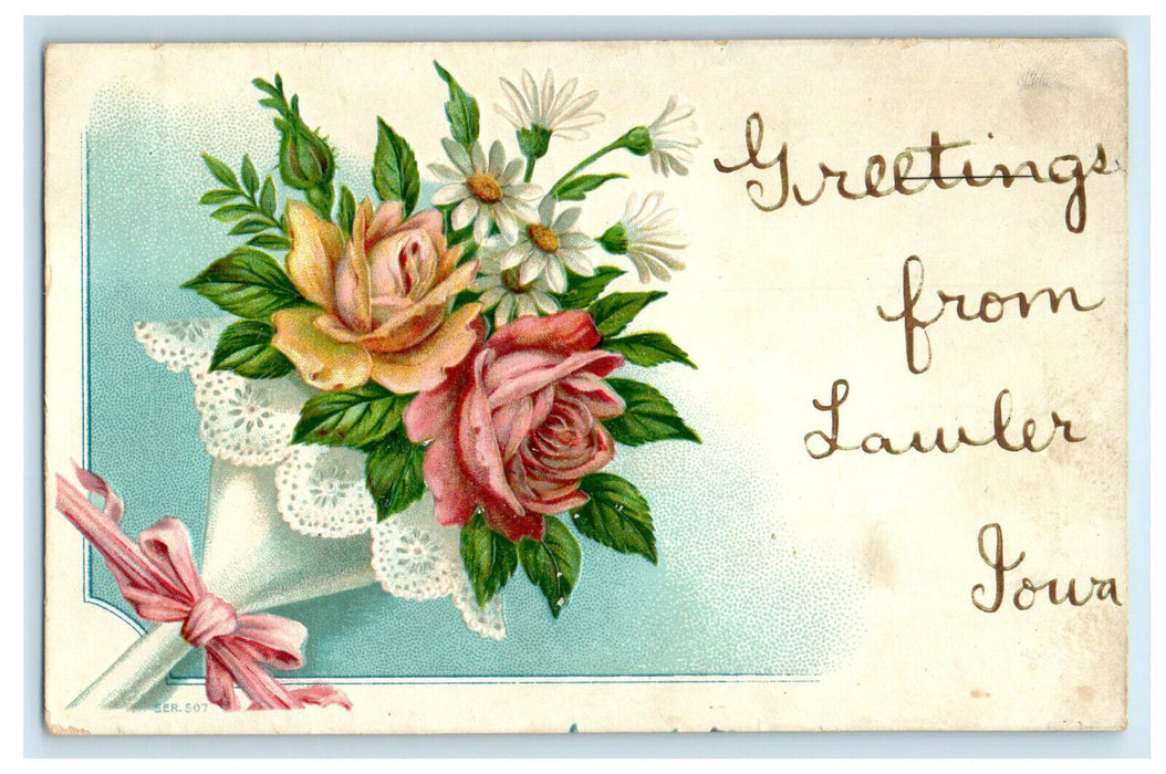 c1910s Greetings from Lawler, Iowa IA, Bouquet Flowers Roses Glitter Postcard