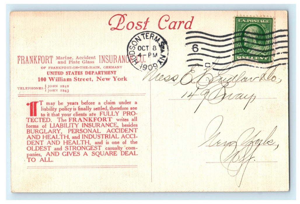 1909 Frankfurt Insurance Co. Advertising Hudson Term Station New York Postcard